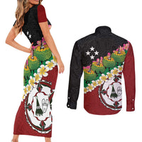 Frangipani Festival Rabaul East New Britain Couples Matching Short Sleeve Bodycon Dress and Long Sleeve Button Shirt Dukduk Dance With Plumeria LT14 - Polynesian Pride