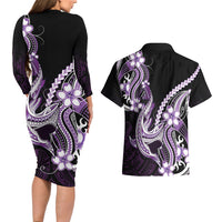 Purple Black Aloha Hawaii Couples Matching Long Sleeve Bodycon Dress and Hawaiian Shirt Polynesian Shark Tattoo Plumeria LT14 - Polynesian Pride