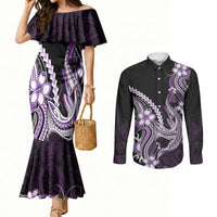 Purple Black Aloha Hawaii Couples Matching Mermaid Dress and Long Sleeve Button Shirt Polynesian Shark Tattoo Plumeria LT14 Purple - Polynesian Pride
