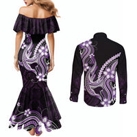 Purple Black Aloha Hawaii Couples Matching Mermaid Dress and Long Sleeve Button Shirt Polynesian Shark Tattoo Plumeria LT14 - Polynesian Pride