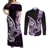 Purple Black Aloha Hawaii Couples Matching Off Shoulder Maxi Dress and Long Sleeve Button Shirt Polynesian Shark Tattoo Plumeria