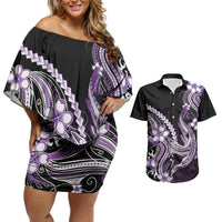Purple Black Aloha Hawaii Couples Matching Off Shoulder Short Dress and Hawaiian Shirt Polynesian Shark Tattoo Plumeria LT14 Purple - Polynesian Pride