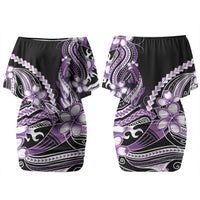 Purple Black Aloha Hawaii Couples Matching Off Shoulder Short Dress and Hawaiian Shirt Polynesian Shark Tattoo Plumeria LT14 - Polynesian Pride