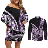 Purple Black Aloha Hawaii Couples Matching Off Shoulder Short Dress and Long Sleeve Button Shirt Polynesian Shark Tattoo Plumeria LT14 Purple - Polynesian Pride