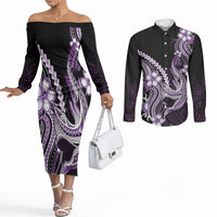 Purple Black Aloha Hawaii Couples Matching Off The Shoulder Long Sleeve Dress and Long Sleeve Button Shirt Polynesian Shark Tattoo Plumeria LT14 Purple - Polynesian Pride