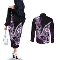Purple Black Aloha Hawaii Couples Matching Off The Shoulder Long Sleeve Dress and Long Sleeve Button Shirt Polynesian Shark Tattoo Plumeria LT14 - Polynesian Pride