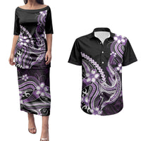 Purple Black Aloha Hawaii Couples Matching Puletasi and Hawaiian Shirt Polynesian Shark Tattoo Plumeria LT14 Purple - Polynesian Pride