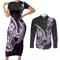 Purple Black Aloha Hawaii Couples Matching Short Sleeve Bodycon Dress and Long Sleeve Button Shirt Polynesian Shark Tattoo Plumeria LT14 Purple - Polynesian Pride