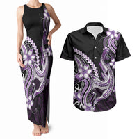 Purple Black Aloha Hawaii Couples Matching Tank Maxi Dress and Hawaiian Shirt Polynesian Shark Tattoo Plumeria LT14 Purple - Polynesian Pride