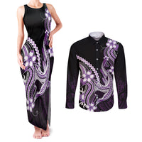 Purple Black Aloha Hawaii Couples Matching Tank Maxi Dress and Long Sleeve Button Shirt Polynesian Shark Tattoo Plumeria LT14 Purple - Polynesian Pride