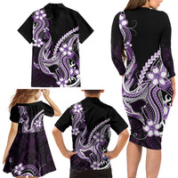 Purple Black Aloha Hawaii Family Matching Long Sleeve Bodycon Dress and Hawaiian Shirt Polynesian Shark Tattoo Plumeria LT14 - Polynesian Pride