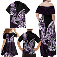 Purple Black Aloha Hawaii Family Matching Off Shoulder Maxi Dress and Hawaiian Shirt Polynesian Shark Tattoo Plumeria LT14 - Polynesian Pride