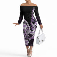 Purple Black Aloha Hawaii Off The Shoulder Long Sleeve Dress Polynesian Shark Tattoo Plumeria LT14 Women Purple - Polynesian Pride