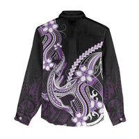 Purple Black Aloha Hawaii Women Casual Shirt Polynesian Shark Tattoo Plumeria