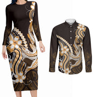 Orange Black Aloha Hawaii Couples Matching Long Sleeve Bodycon Dress and Long Sleeve Button Shirt Polynesian Shark Tattoo Plumeria LT14 Orange - Polynesian Pride