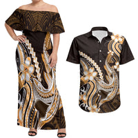 Orange Black Aloha Hawaii Couples Matching Off Shoulder Maxi Dress and Hawaiian Shirt Polynesian Shark Tattoo Plumeria LT14 Orange - Polynesian Pride