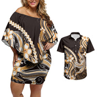 Orange Black Aloha Hawaii Couples Matching Off Shoulder Short Dress and Hawaiian Shirt Polynesian Shark Tattoo Plumeria LT14 Orange - Polynesian Pride