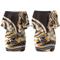 Orange Black Aloha Hawaii Couples Matching Off Shoulder Short Dress and Hawaiian Shirt Polynesian Shark Tattoo Plumeria LT14 - Polynesian Pride