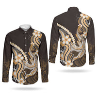 Orange Black Aloha Hawaii Couples Matching Off The Shoulder Long Sleeve Dress and Long Sleeve Button Shirt Polynesian Shark Tattoo Plumeria LT14 - Polynesian Pride