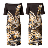 Orange Black Aloha Hawaii Couples Matching Puletasi and Hawaiian Shirt Polynesian Shark Tattoo Plumeria LT14 - Polynesian Pride