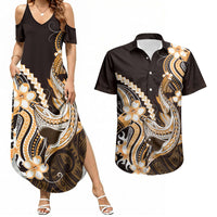 Orange Black Aloha Hawaii Couples Matching Summer Maxi Dress and Hawaiian Shirt Polynesian Shark Tattoo Plumeria LT14 Orange - Polynesian Pride