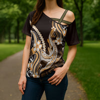 Orange Black Aloha Hawaii Cross Shoulder Shirt Polynesian Shark Tattoo Plumeria