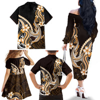 Orange Black Aloha Hawaii Family Matching Off The Shoulder Long Sleeve Dress and Hawaiian Shirt Polynesian Shark Tattoo Plumeria LT14 - Polynesian Pride
