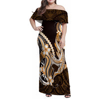 Orange Black Aloha Hawaii Family Matching Off Shoulder Maxi Dress and Hawaiian Shirt Polynesian Shark Tattoo Plumeria LT14 Mom's Dress Orange - Polynesian Pride