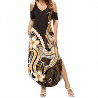 Orange Black Aloha Hawaii Summer Maxi Dress Polynesian Shark Tattoo Plumeria LT14 Women Orange - Polynesian Pride
