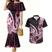 Pink Black Aloha Hawaii Couples Matching Mermaid Dress and Hawaiian Shirt Polynesian Shark Tattoo Plumeria LT14 Pink - Polynesian Pride