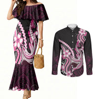 Pink Black Aloha Hawaii Couples Matching Mermaid Dress and Long Sleeve Button Shirt Polynesian Shark Tattoo Plumeria LT14 Pink - Polynesian Pride