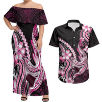 Pink Black Aloha Hawaii Couples Matching Off Shoulder Maxi Dress and Hawaiian Shirt Polynesian Shark Tattoo Plumeria LT14 Pink - Polynesian Pride