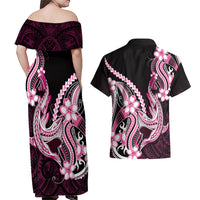 Pink Black Aloha Hawaii Couples Matching Off Shoulder Maxi Dress and Hawaiian Shirt Polynesian Shark Tattoo Plumeria LT14 - Polynesian Pride