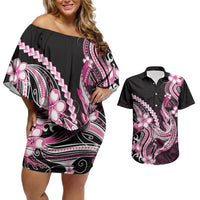 Pink Black Aloha Hawaii Couples Matching Off Shoulder Short Dress and Hawaiian Shirt Polynesian Shark Tattoo Plumeria LT14 Pink - Polynesian Pride