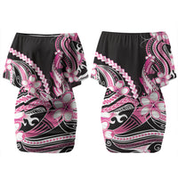 Pink Black Aloha Hawaii Couples Matching Off Shoulder Short Dress and Hawaiian Shirt Polynesian Shark Tattoo Plumeria LT14 - Polynesian Pride