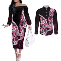 Pink Black Aloha Hawaii Couples Matching Off The Shoulder Long Sleeve Dress and Long Sleeve Button Shirt Polynesian Shark Tattoo Plumeria LT14 Pink - Polynesian Pride