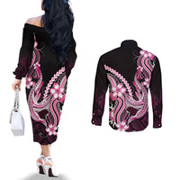 Pink Black Aloha Hawaii Couples Matching Off The Shoulder Long Sleeve Dress and Long Sleeve Button Shirt Polynesian Shark Tattoo Plumeria