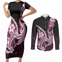 Pink Black Aloha Hawaii Couples Matching Short Sleeve Bodycon Dress and Long Sleeve Button Shirt Polynesian Shark Tattoo Plumeria LT14 Pink - Polynesian Pride