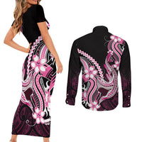Pink Black Aloha Hawaii Couples Matching Short Sleeve Bodycon Dress and Long Sleeve Button Shirt Polynesian Shark Tattoo Plumeria LT14 - Polynesian Pride