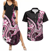 Pink Black Aloha Hawaii Couples Matching Summer Maxi Dress and Hawaiian Shirt Polynesian Shark Tattoo Plumeria LT14 Pink - Polynesian Pride