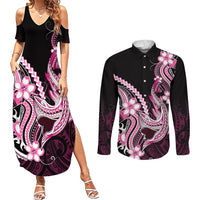 Pink Black Aloha Hawaii Couples Matching Summer Maxi Dress and Long Sleeve Button Shirt Polynesian Shark Tattoo Plumeria LT14 Pink - Polynesian Pride
