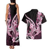 Pink Black Aloha Hawaii Couples Matching Tank Maxi Dress and Hawaiian Shirt Polynesian Shark Tattoo Plumeria