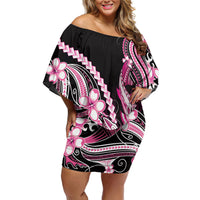 Pink Black Aloha Hawaii Family Matching Off Shoulder Short Dress and Hawaiian Shirt Polynesian Shark Tattoo Plumeria LT14 Mom's Dress Pink - Polynesian Pride