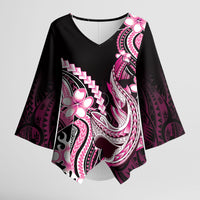 Pink Black Aloha Hawaii Kimono Sleeve Blouse Polynesian Shark Tattoo Plumeria