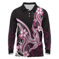 Pink Black Aloha Hawaii Long Sleeve Polo Shirt Polynesian Shark Tattoo Plumeria