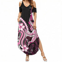 Pink Black Aloha Hawaii Summer Maxi Dress Polynesian Shark Tattoo Plumeria LT14 Women Pink - Polynesian Pride