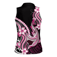 Pink Black Aloha Hawaii Women Sleeveless Polo Shirt Polynesian Shark Tattoo Plumeria