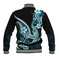 Blue Black Aloha Hawaii Baseball Jacket Polynesian Shark Tattoo Plumeria