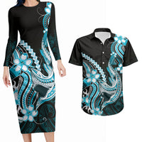 Blue Black Aloha Hawaii Couples Matching Long Sleeve Bodycon Dress and Hawaiian Shirt Polynesian Shark Tattoo Plumeria LT14 Blue - Polynesian Pride