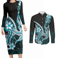 Blue Black Aloha Hawaii Couples Matching Long Sleeve Bodycon Dress and Long Sleeve Button Shirt Polynesian Shark Tattoo Plumeria LT14 Blue - Polynesian Pride